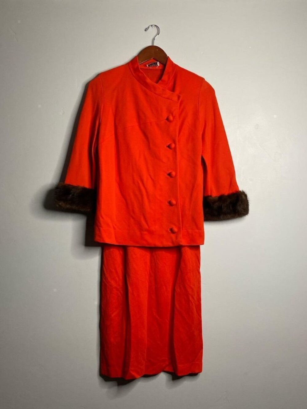 Vintage 60’s red orange skirt and blouse about a size xs fur cuffs by Alaron